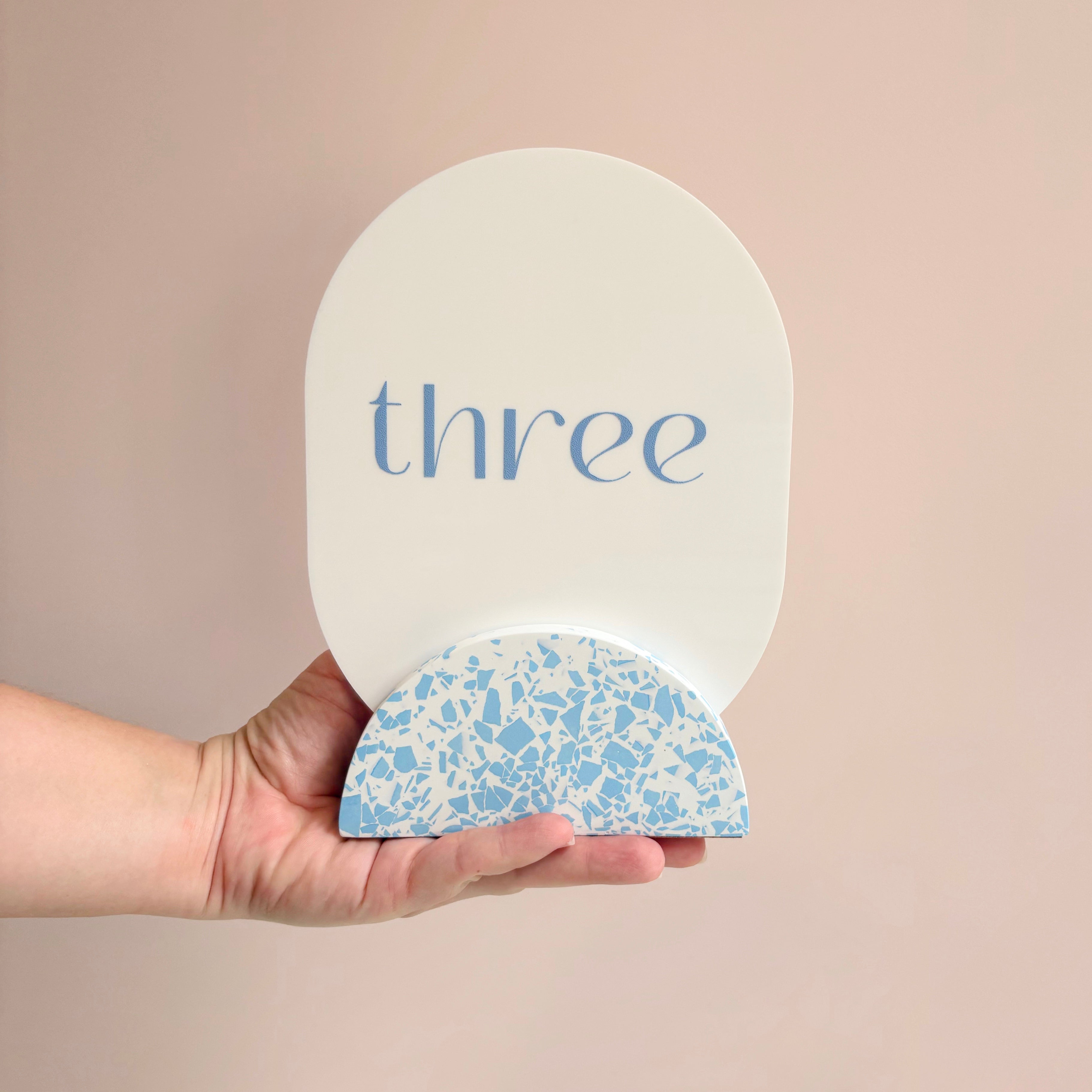 Wedding table numbers, blue and white eco resin terrazzo