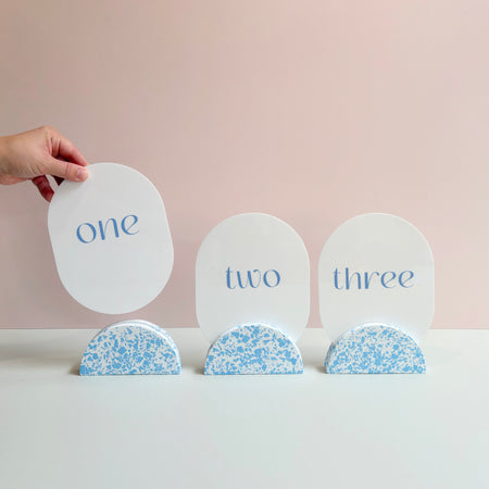 Wedding table numbers, blue and white eco resin terrazzo