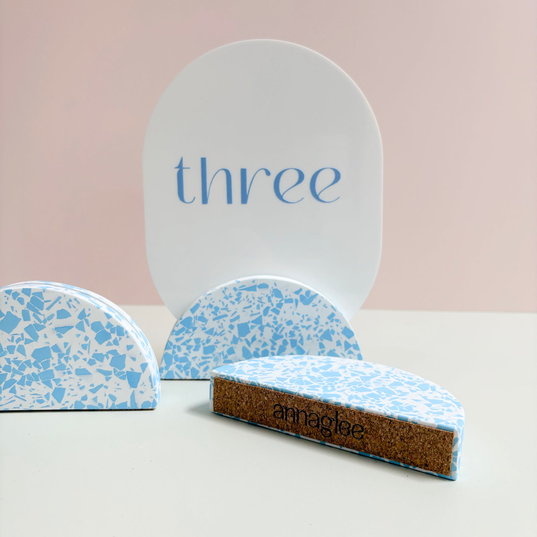 Wedding table numbers, blue and white eco resin terrazzo