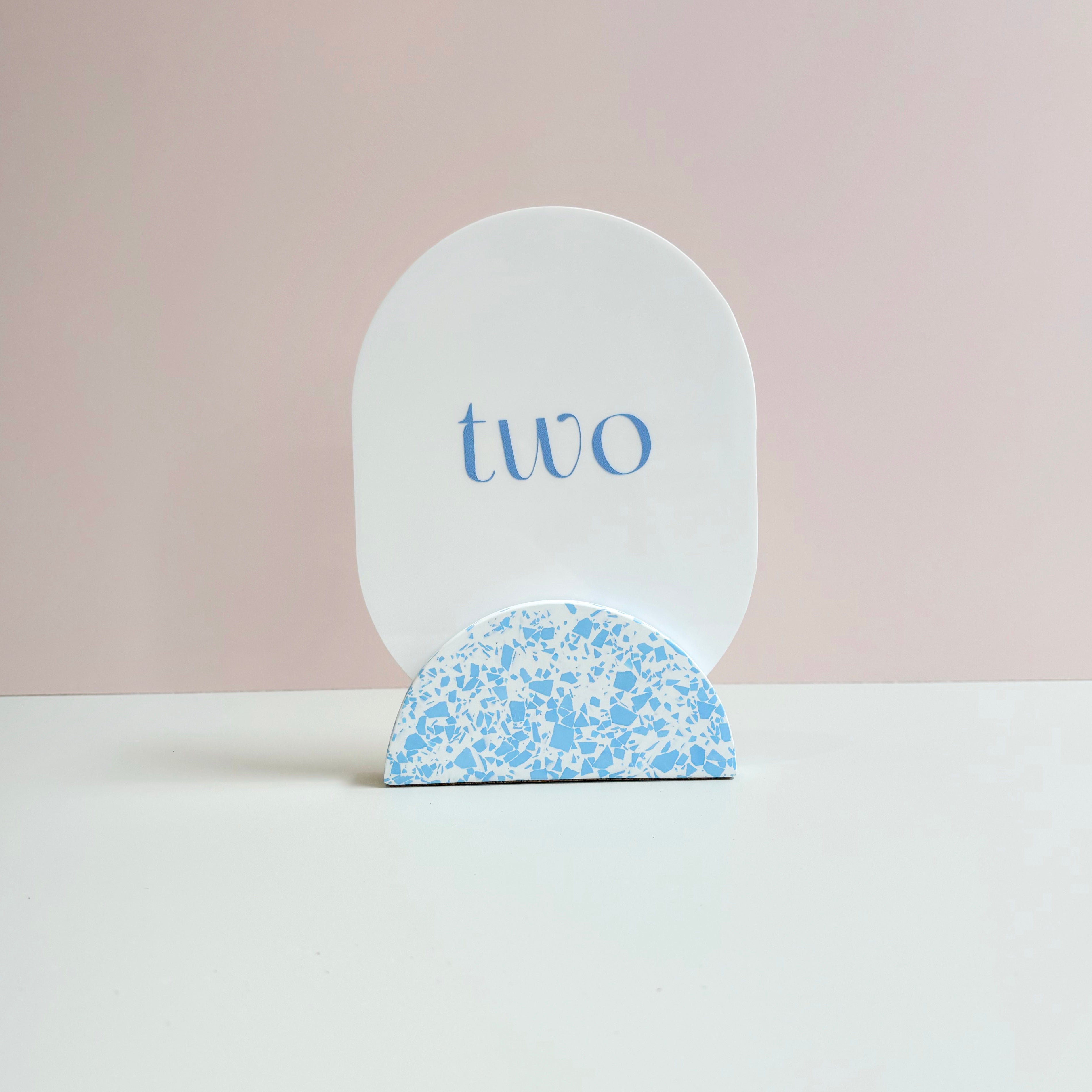 Wedding table numbers, blue and white eco resin terrazzo