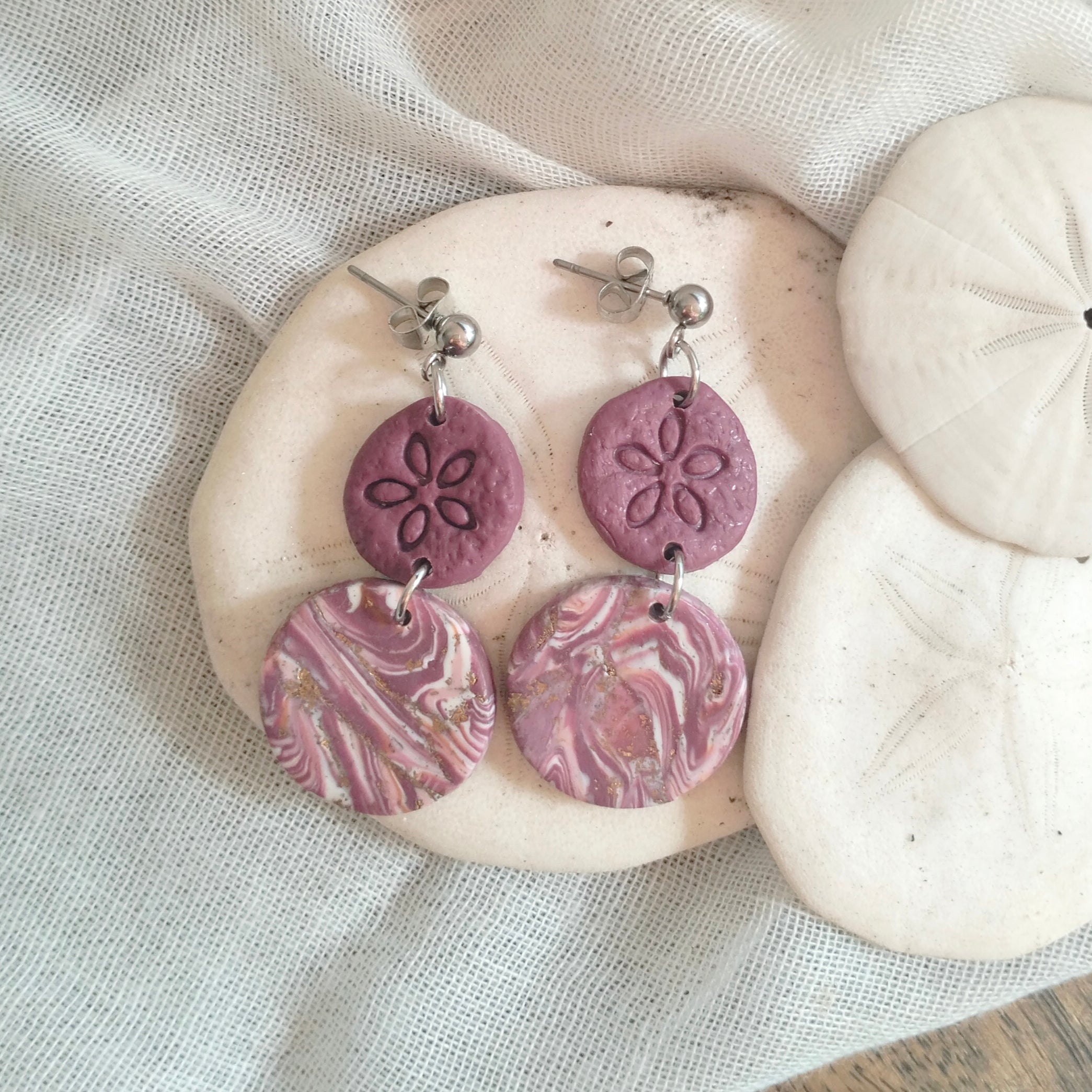 Earrings - Sand Dollar, Beachy, Purple Swirl- Artful Dangles