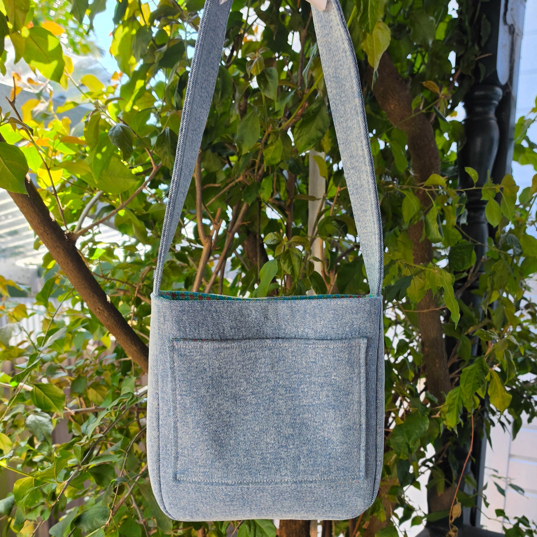 Upcycled Denim Jeans & Pre-loved Fabrics Checkered Handbag