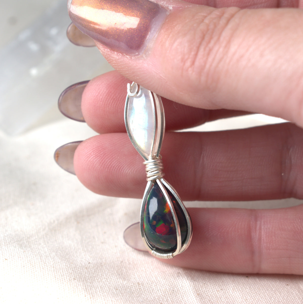 Moon Fire - Black Opal & Moonstone Wire Wrapped Pendant