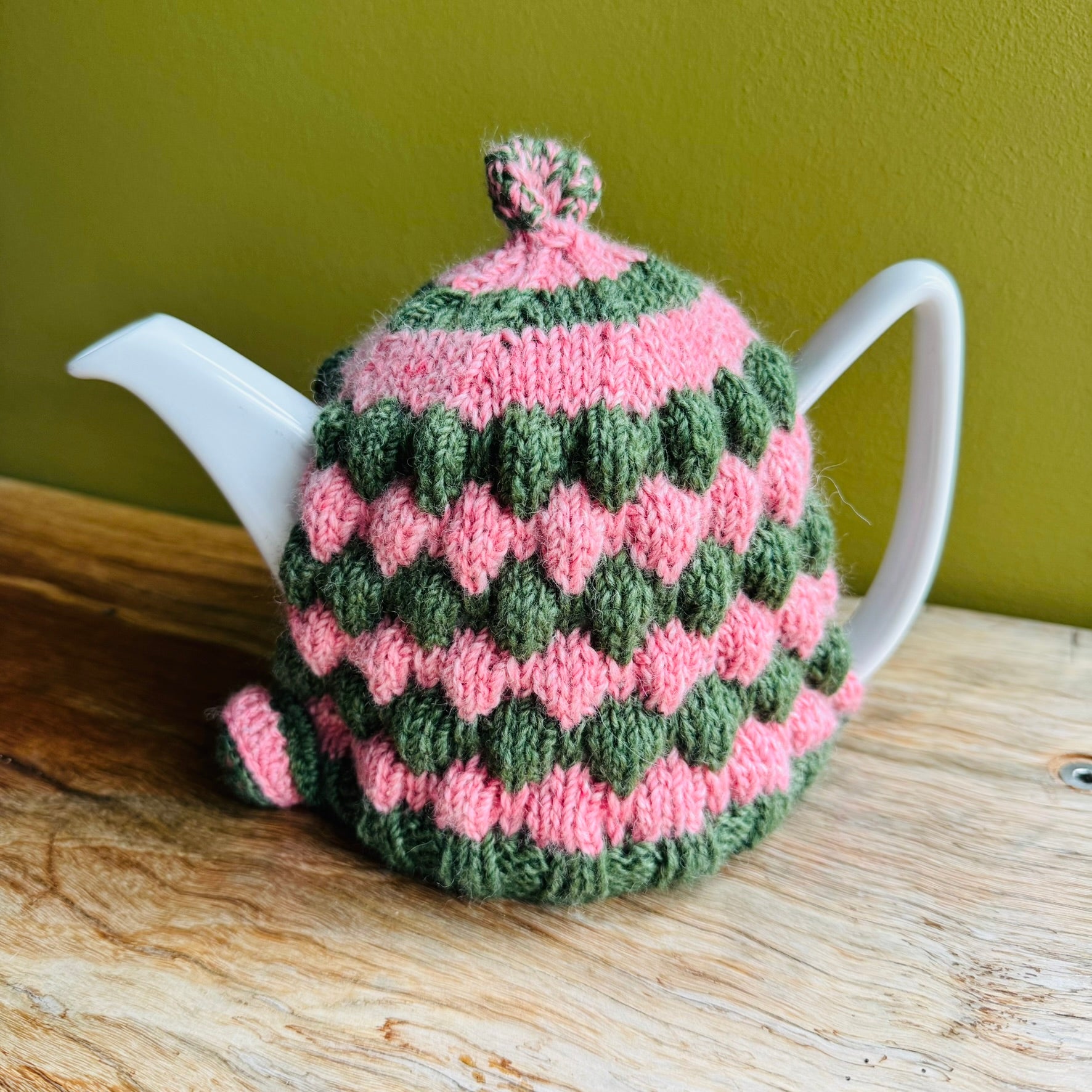 Teapot Cosy -Pink and Green - Alpaca/Merino -  4-6 cup