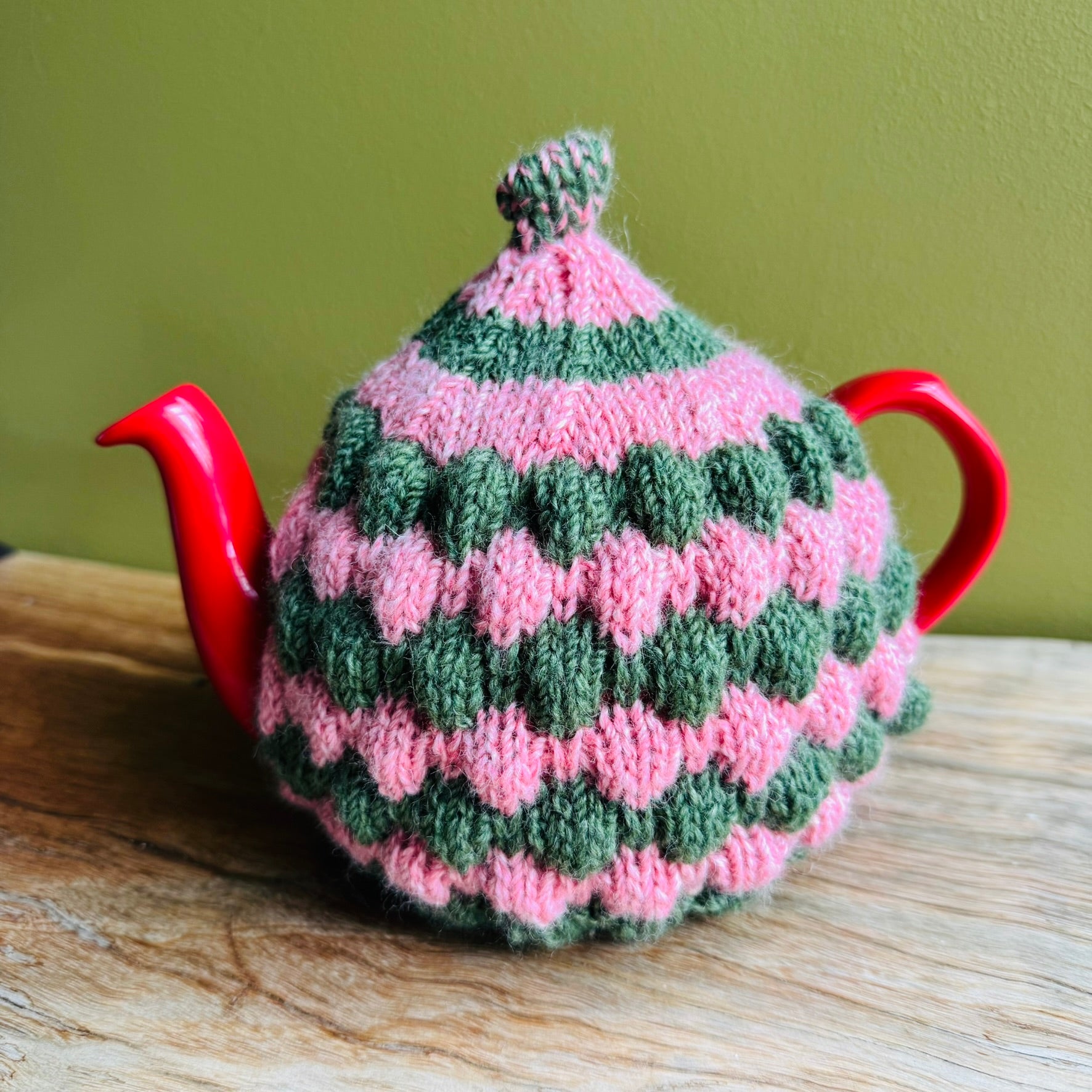 Teapot Cosy -Pink and Green - Alpaca/Merino -  4-6 cup