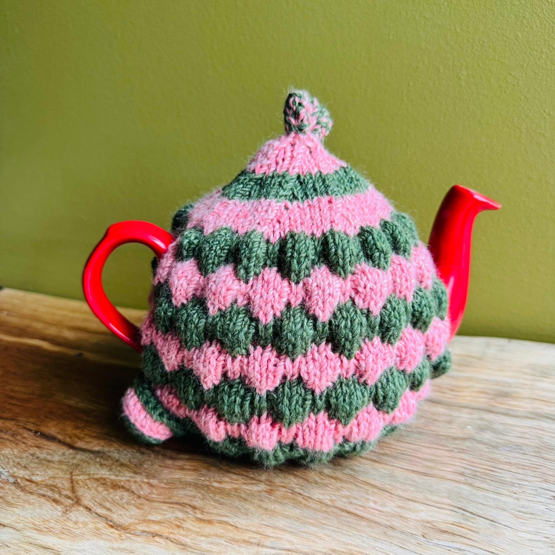 Teapot Cosy -Pink and Green - Alpaca/Merino -  4-6 cup