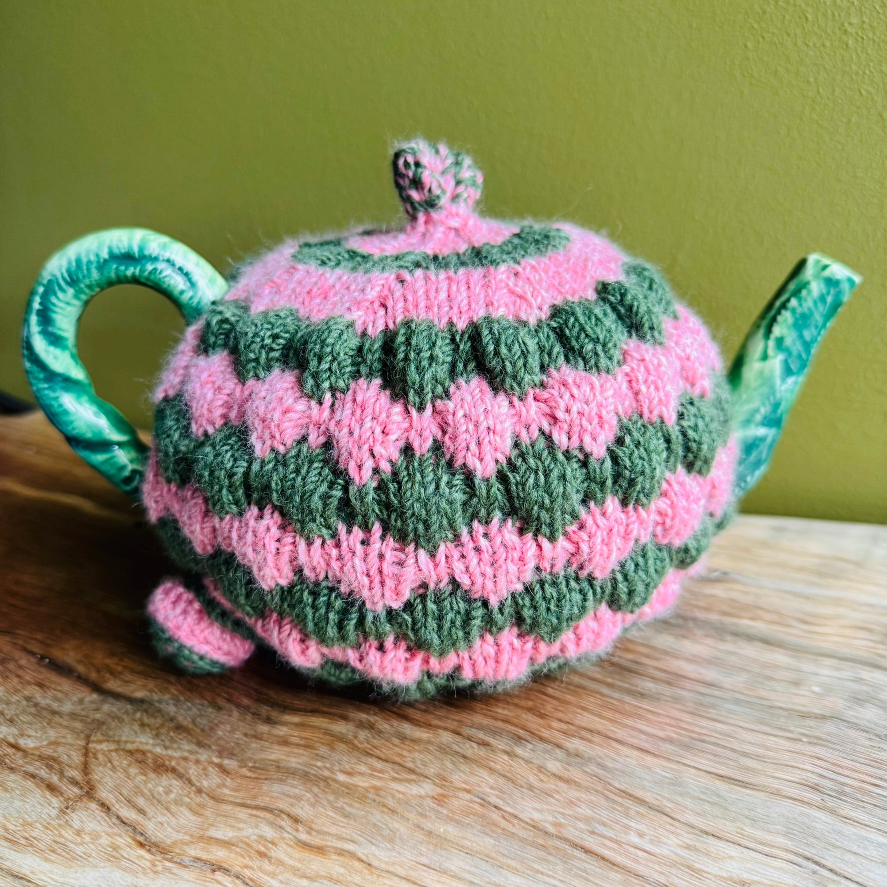 Teapot Cosy -Pink and Green - Alpaca/Merino -  4-6 cup