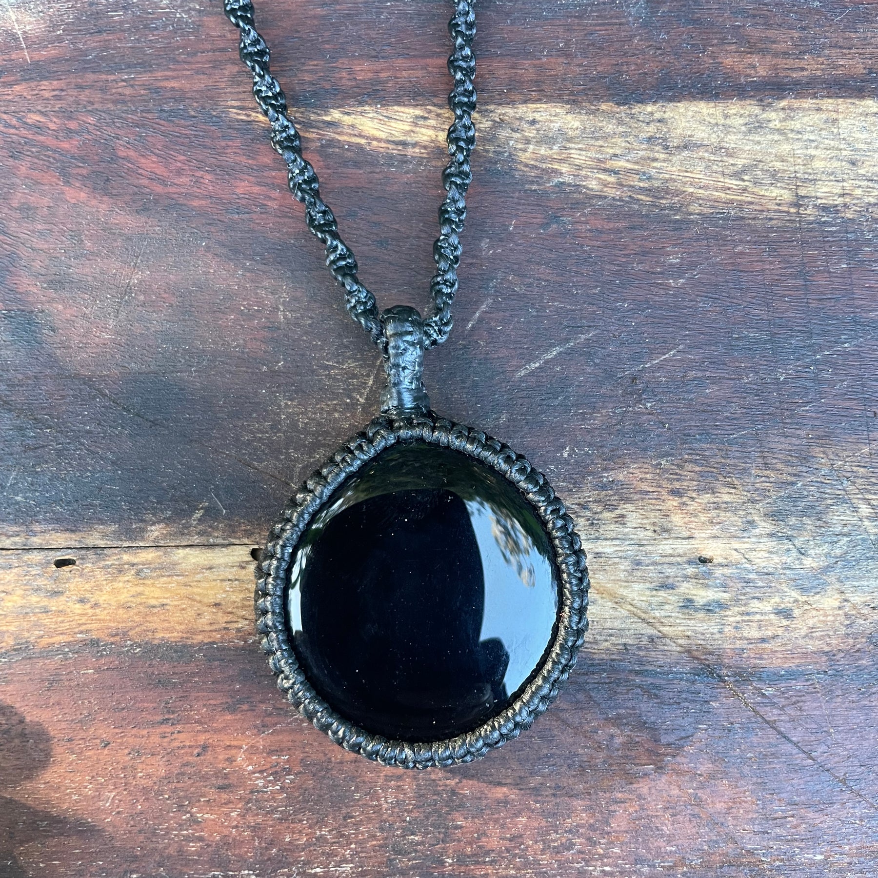 Black Obsidian Pendant, macrame necklace adjustable