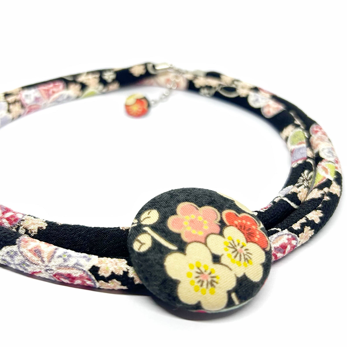 Kimono Cord Necklace - Pink and Black Floral