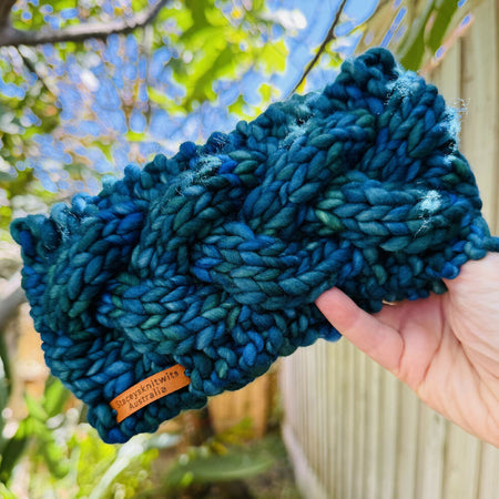 Green Headband, Merino hand knitted green with blue flecked headband