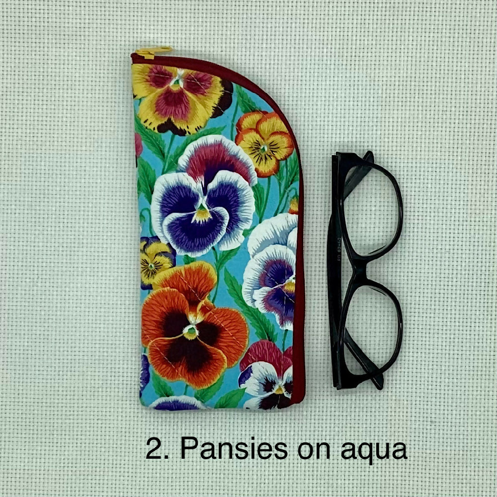 Pansies curved top zip pouch for glasses, phones, handbag organiser, etc.