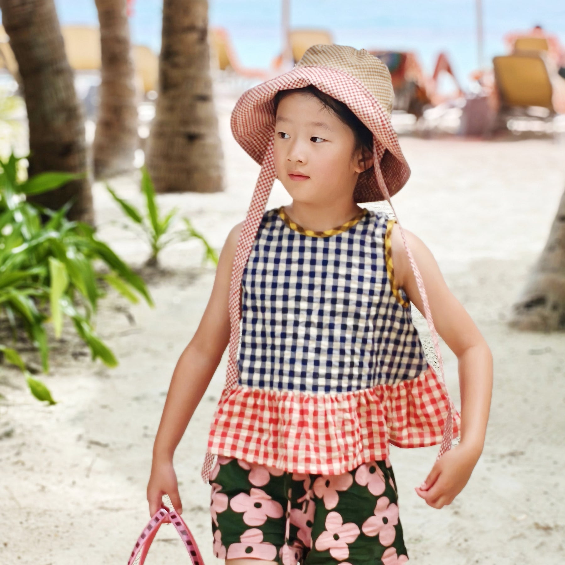 Kids Summer Reversible Sun, Gingham Kids Sun Hat