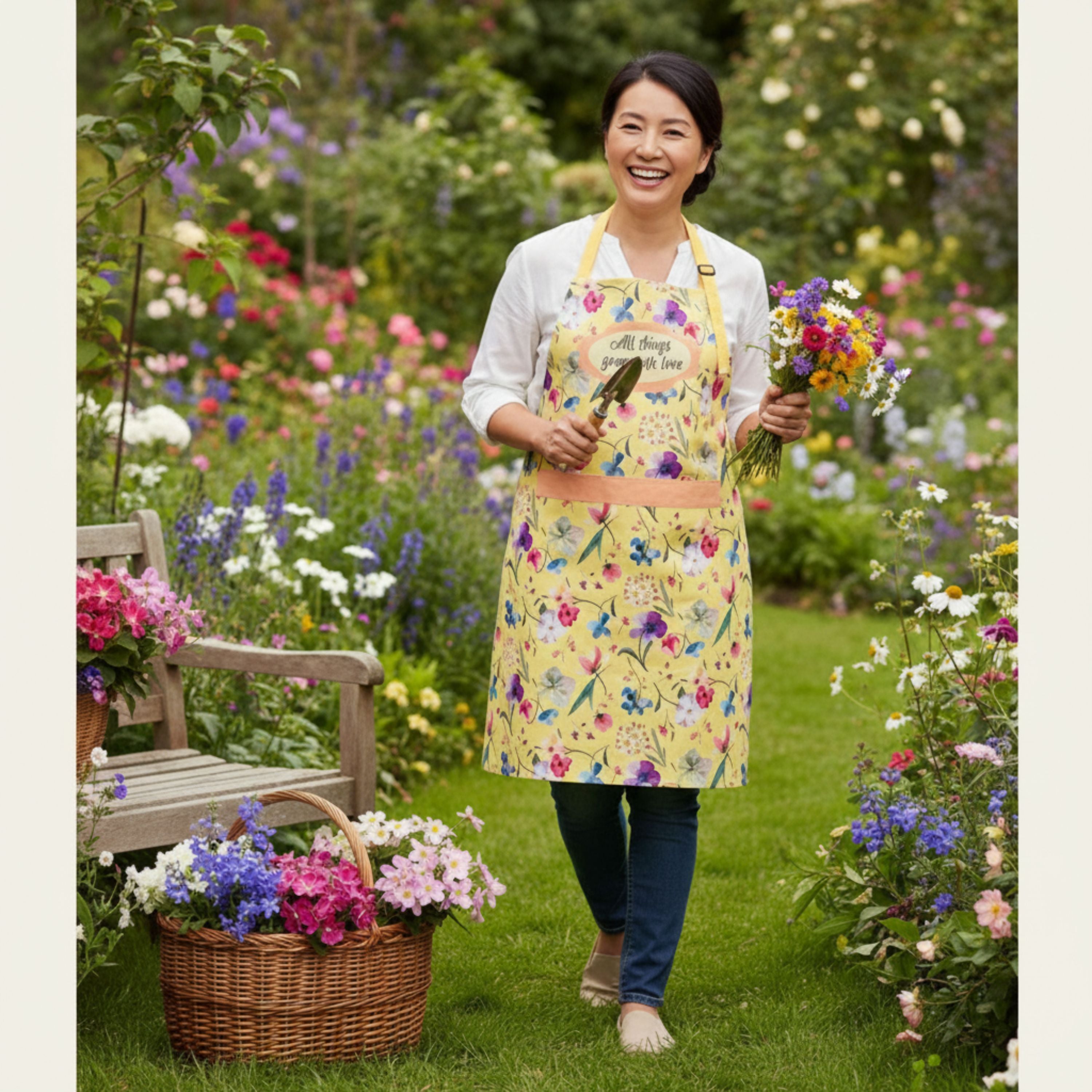 Pressed & Cherished Apron — “All Things Grow With Love” | Handmade Floral Cotton Apron | Gift for Mum, Wife, Teacher, Gardener or Artist | Free Shipping