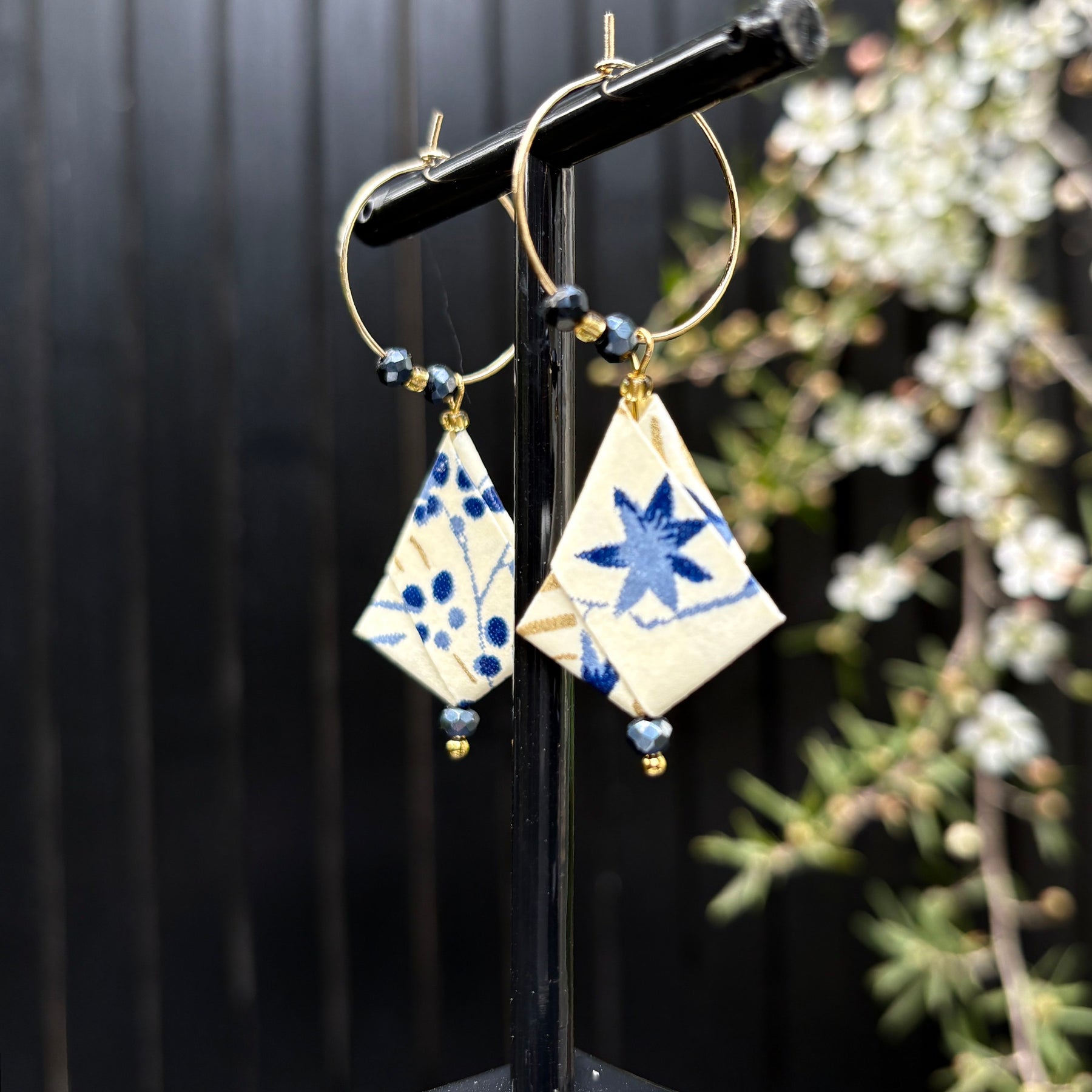 Origami Hoop Earrings – Blue and Gold Autumn Leaves on Japanese paper