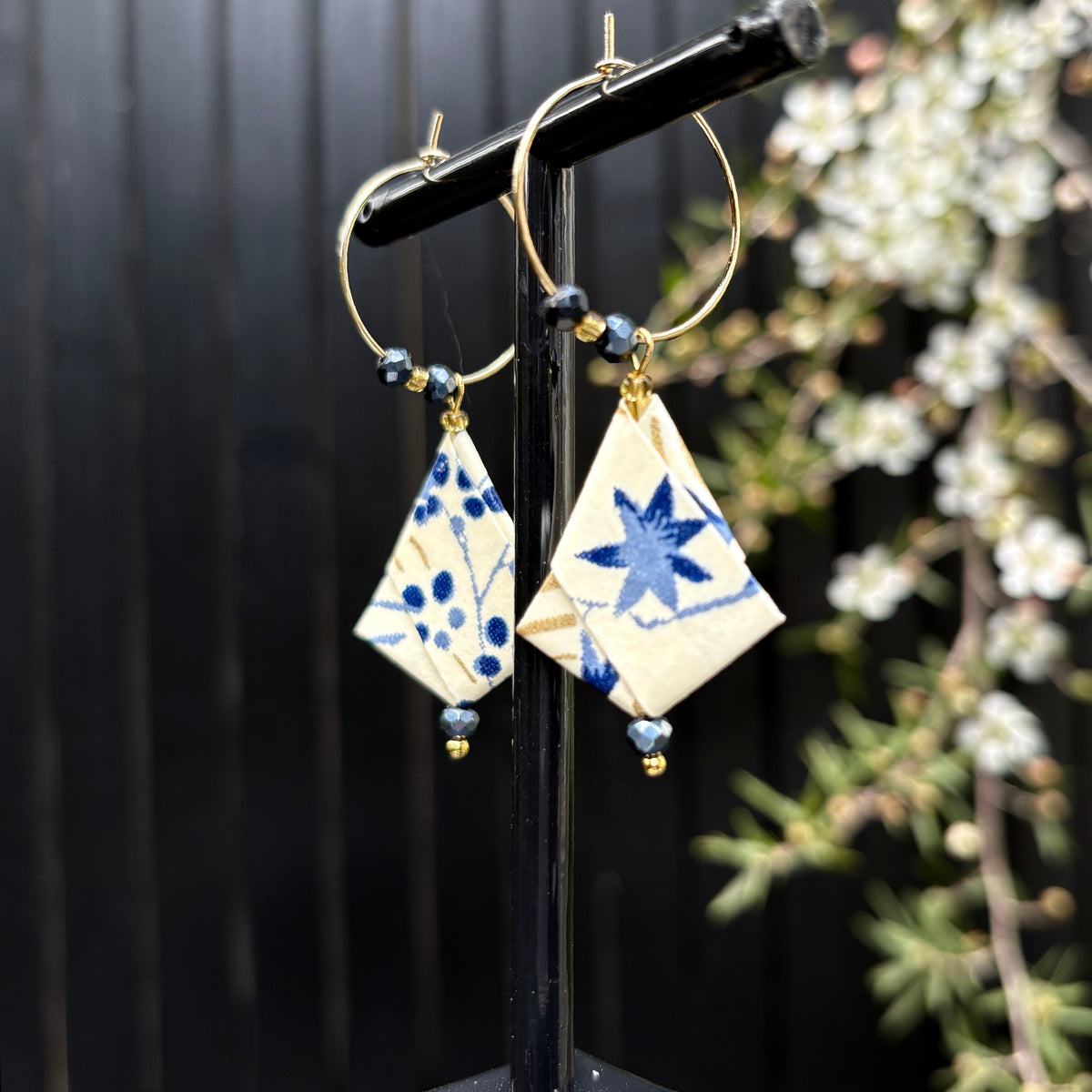 Origami Hoop Earrings – Blue and Gold Autumn Leaves on Japanese paper