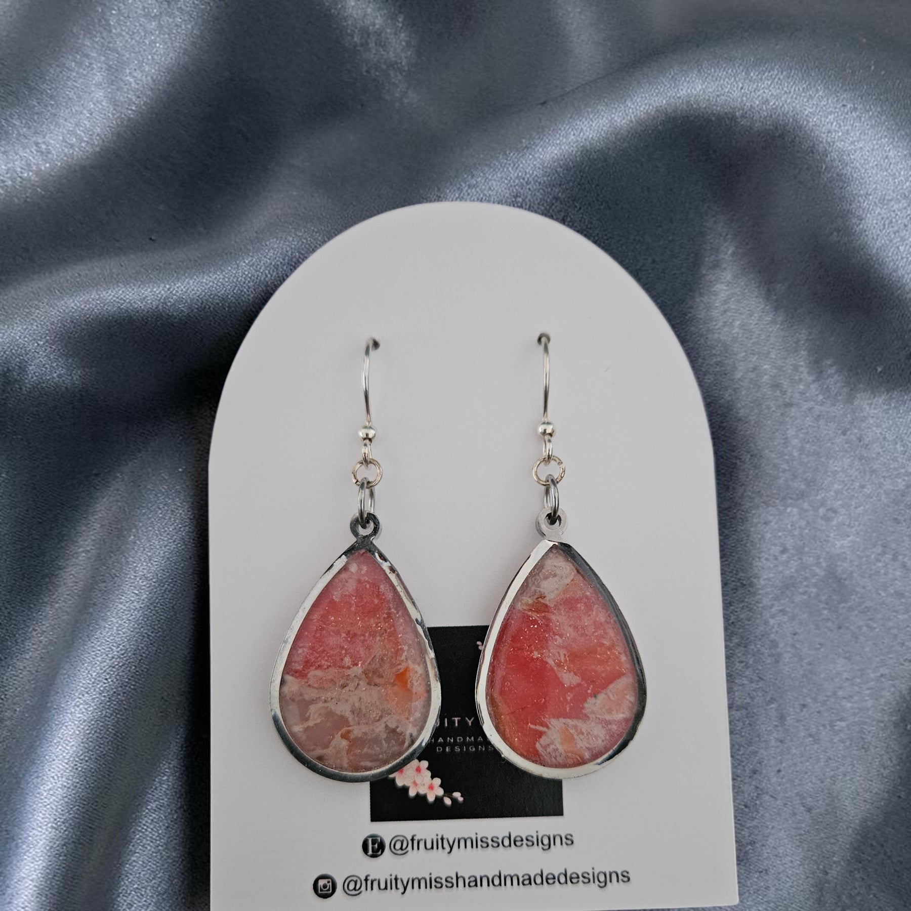 Teardrop Polymer Clay Earrings - Peach and Cream Stone with Fishhook