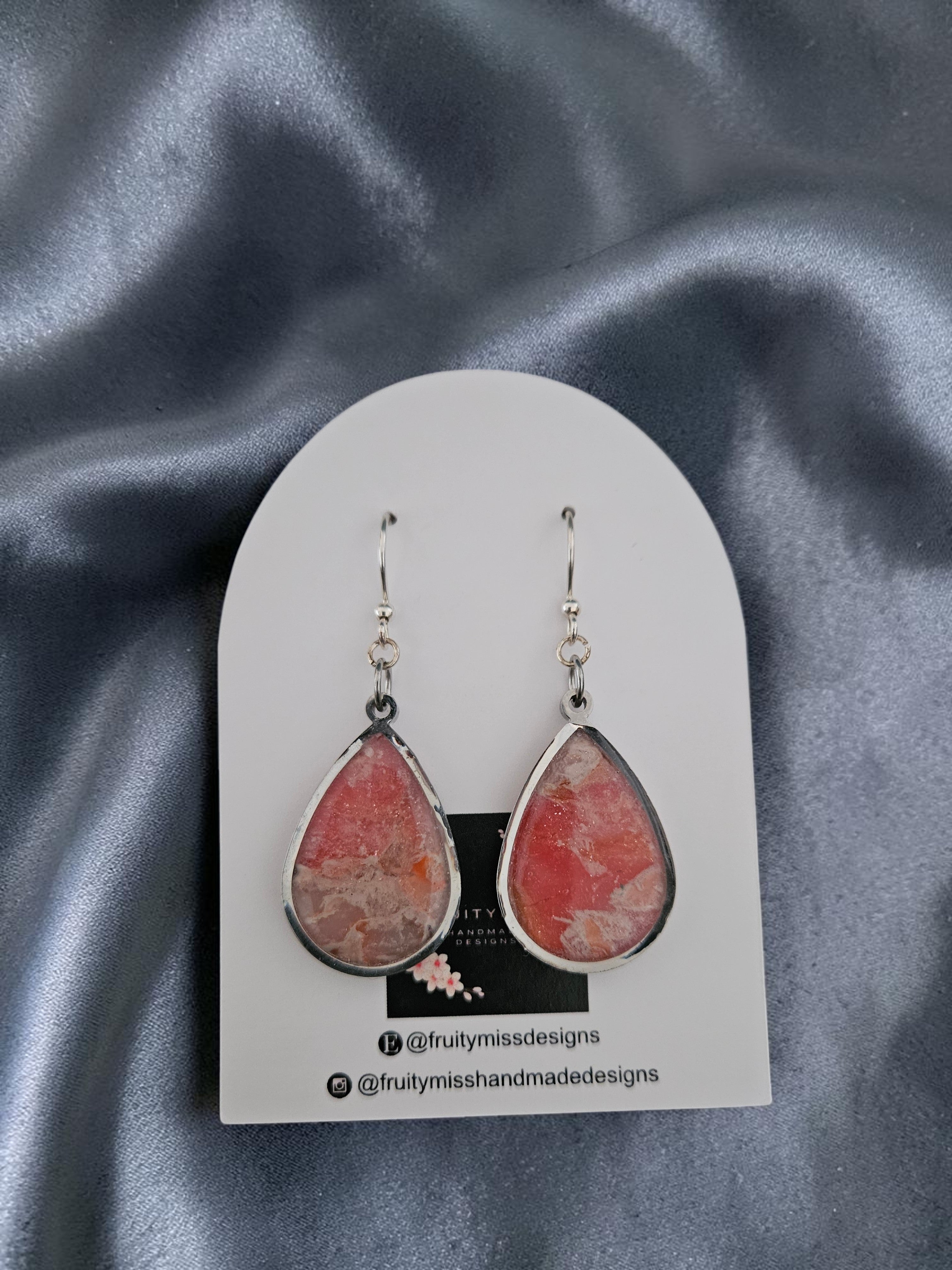 Teardrop Polymer Clay Earrings - Peach and Cream Stone with Fishhook