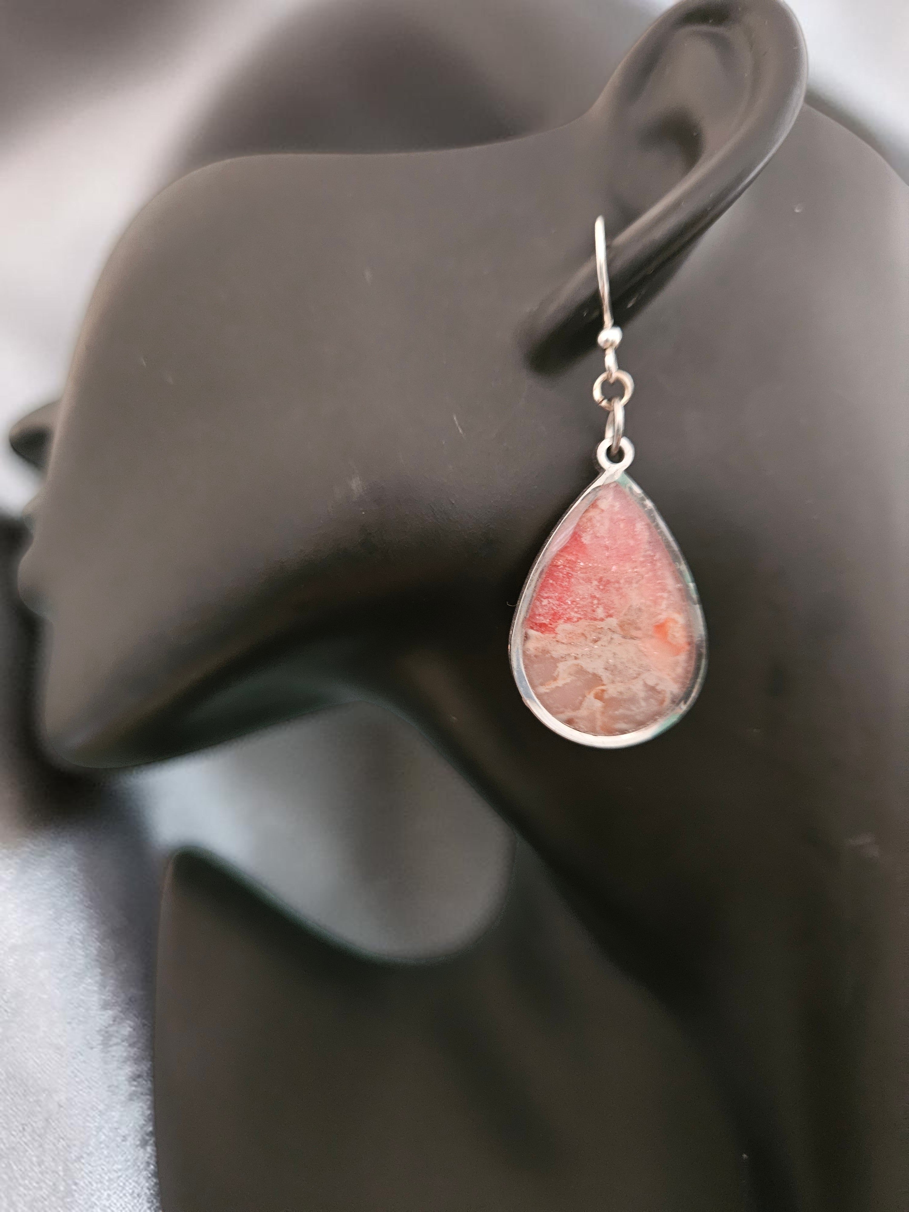 Teardrop Polymer Clay Earrings - Peach and Cream Stone with Fishhook