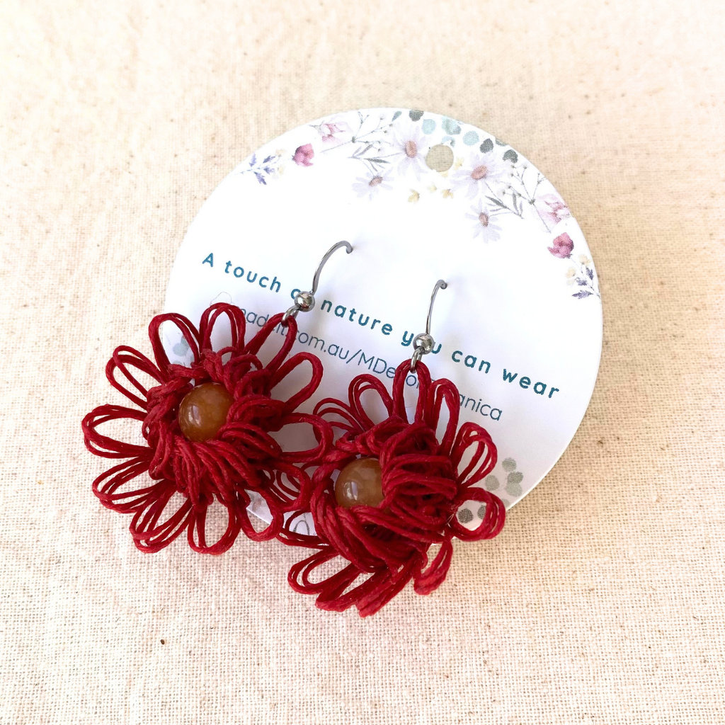 Red Handmade Flower Earrings - Choose Your Gemstone (Aventurine, Tiger Eye, Jade, Howlite)