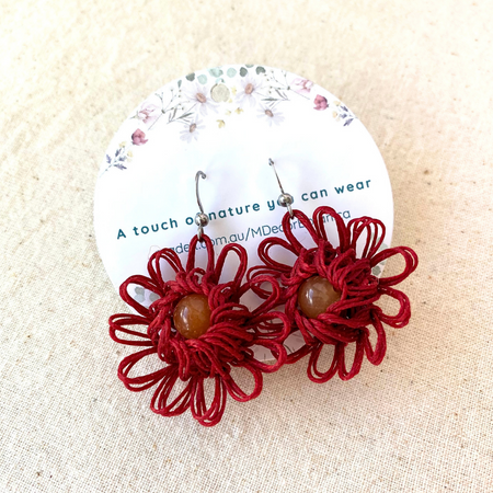 Red Handmade Flower Earrings - Choose Your Gemstone (Aventurine, Tiger Eye, Jade, Howlite)