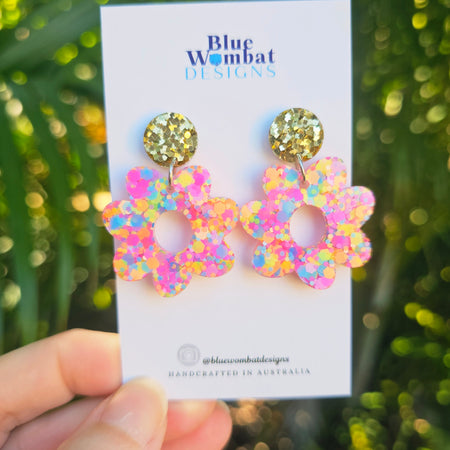 Flower Dangles Chameleon Glitter Resin Statement Earrings