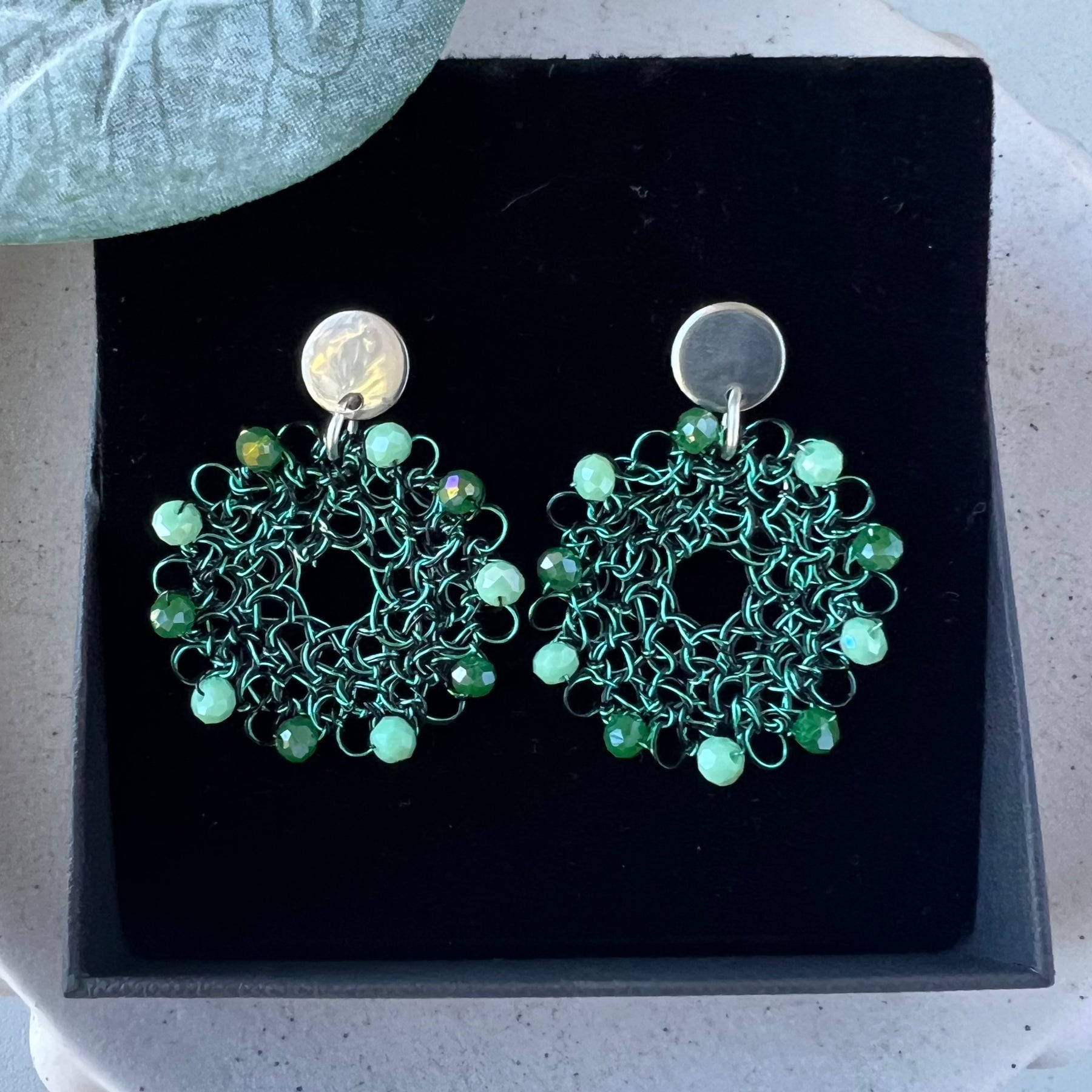 Emerald Bloom. Green Wire Peruvian Earrings, Crystal Bead Statement Jewellery