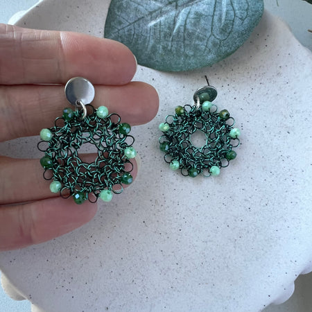 Emerald Bloom. Green Wire Peruvian Earrings, Crystal Bead Statement Jewellery