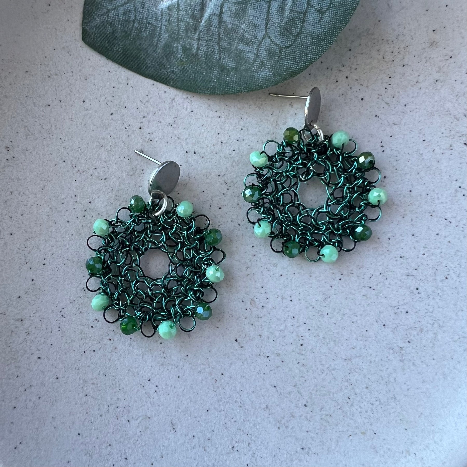 Emerald Bloom. Green Wire Peruvian Earrings, Crystal Bead Statement Jewellery