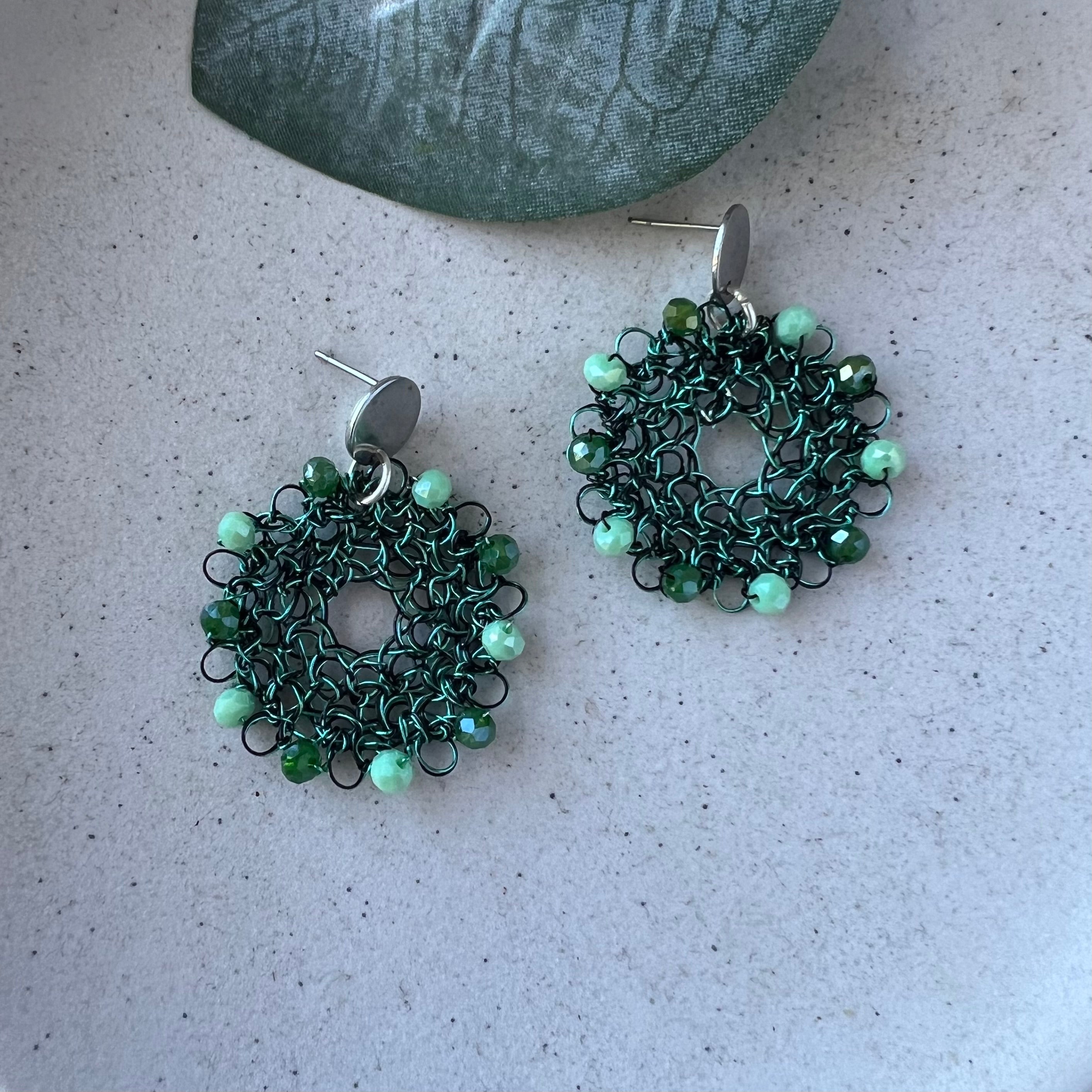 Emerald Bloom. Green Wire Peruvian Earrings, Crystal Bead Statement Jewellery