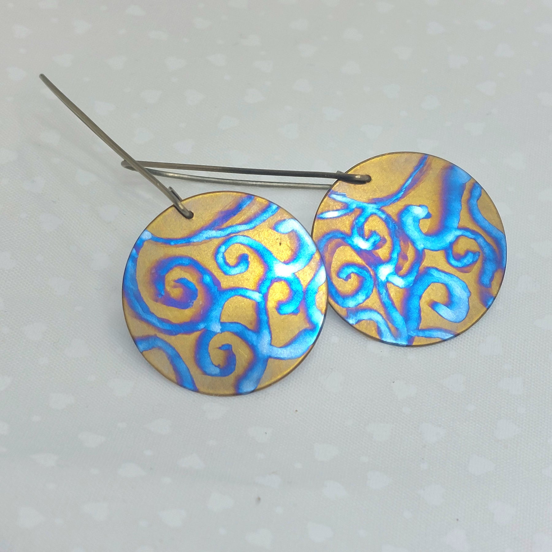 Titanium Disc Earrings- Watercolour Swirls Bronze Titanium Hooks