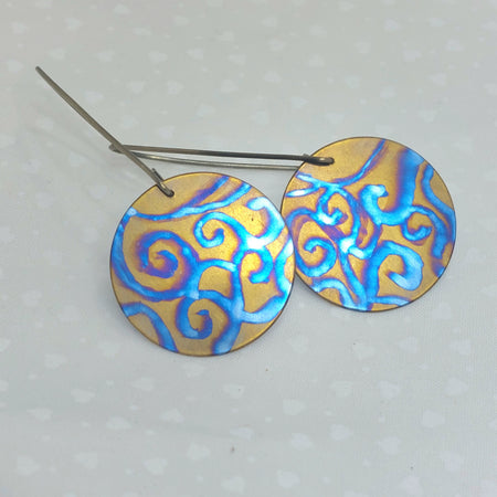 Titanium Disc Earrings- Watercolour Swirls Bronze Titanium Hooks