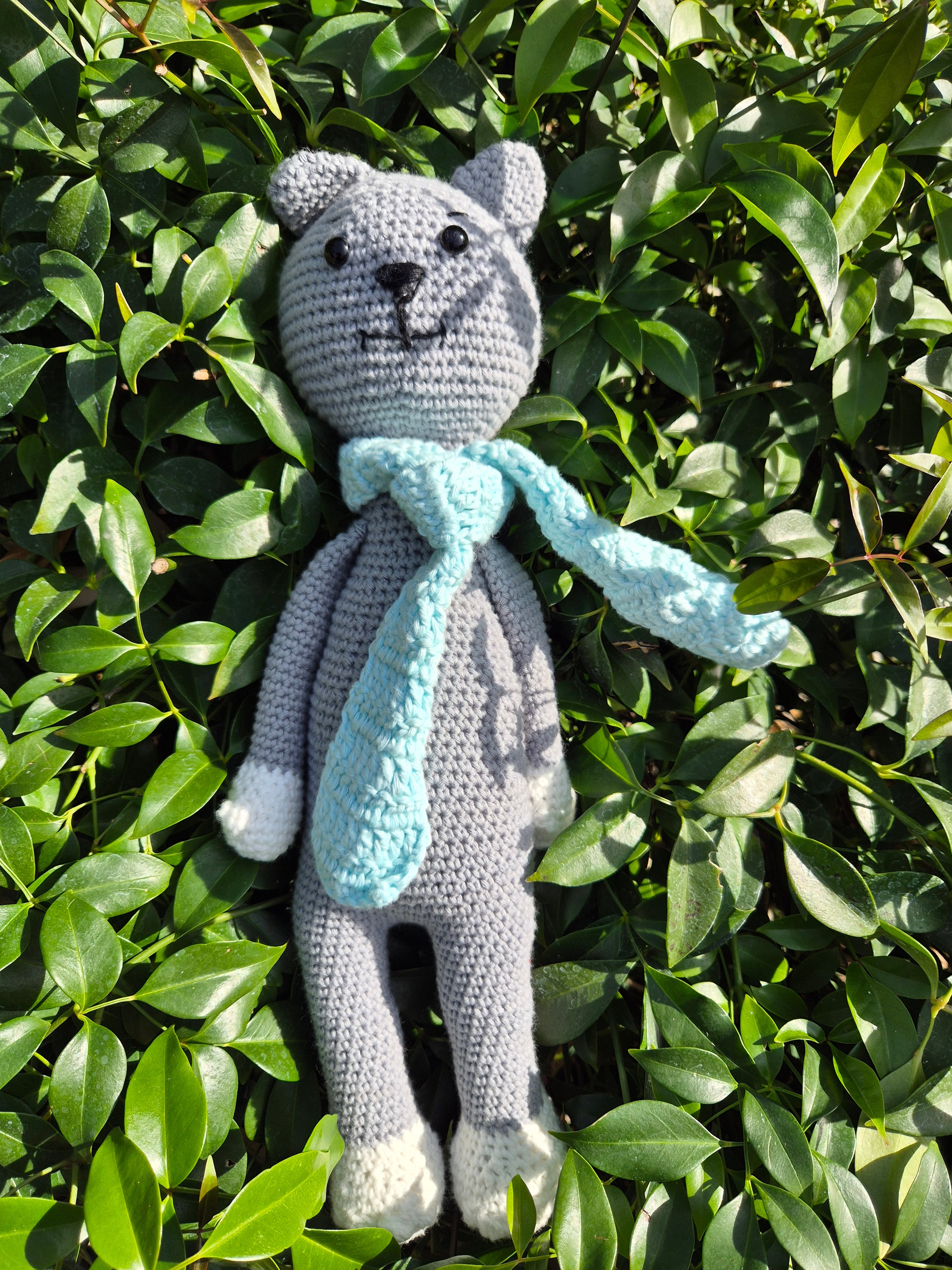 Hand Crochet Cute Cat with Blue Hat & Scarf