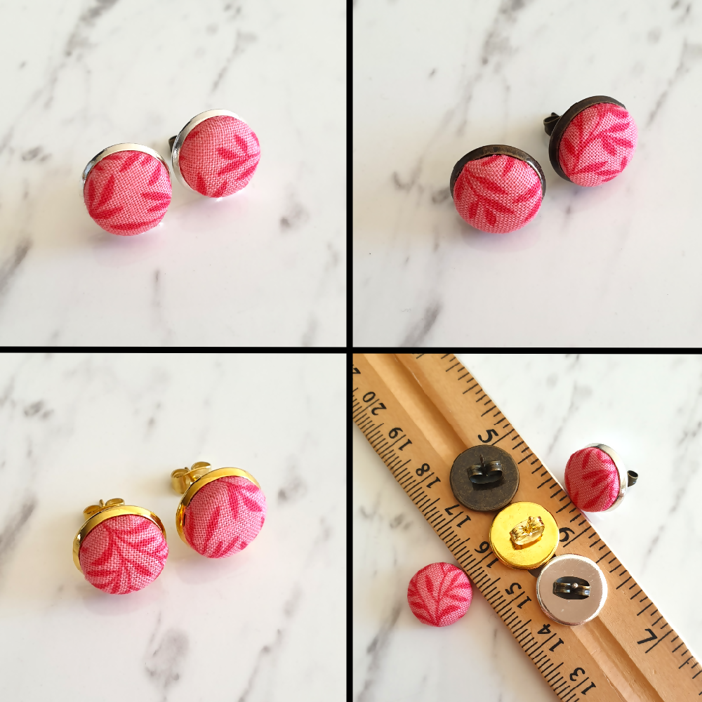 1.4cm Round Salmon Pink Plants cotton fabric Cabochon stud earrings