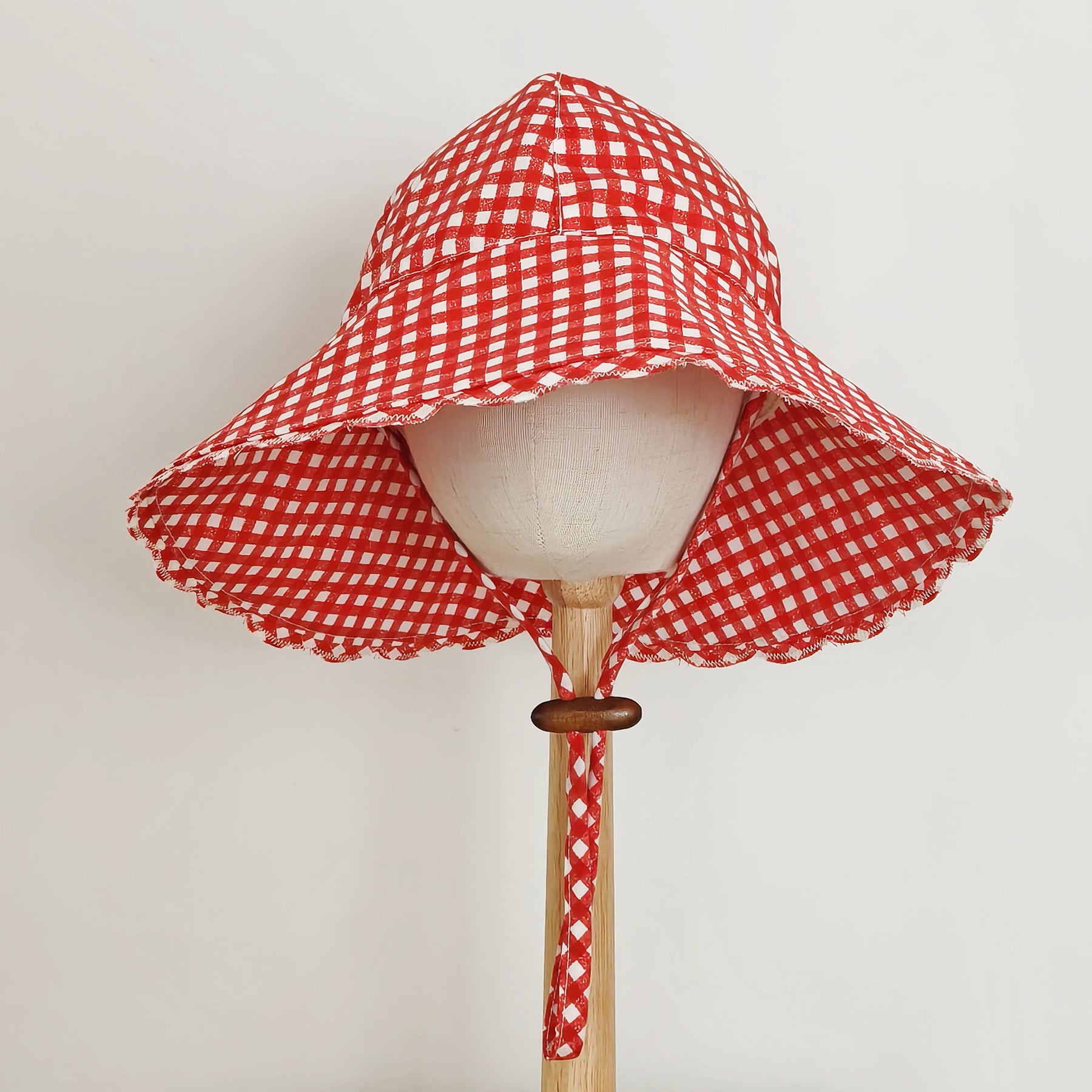 Kids Wide Brim Cotton Summer Sun Hat, Red Gingham Kids Hat
