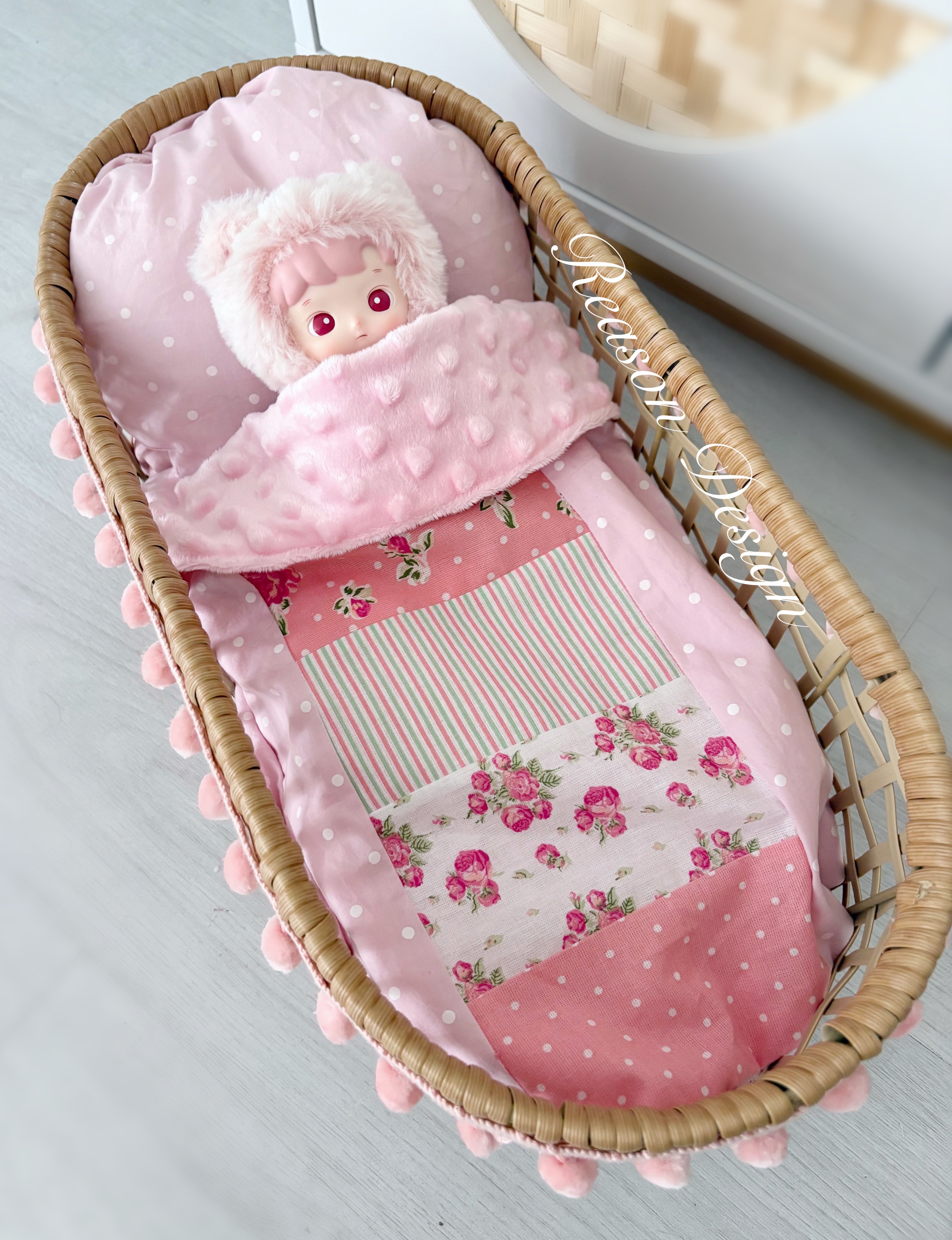 Handmade Doll Bedding Set – Fits Kmart & Target Doll Pram/Bassinet | Pillow & Minky Blanket | Toy Nursery Accessories