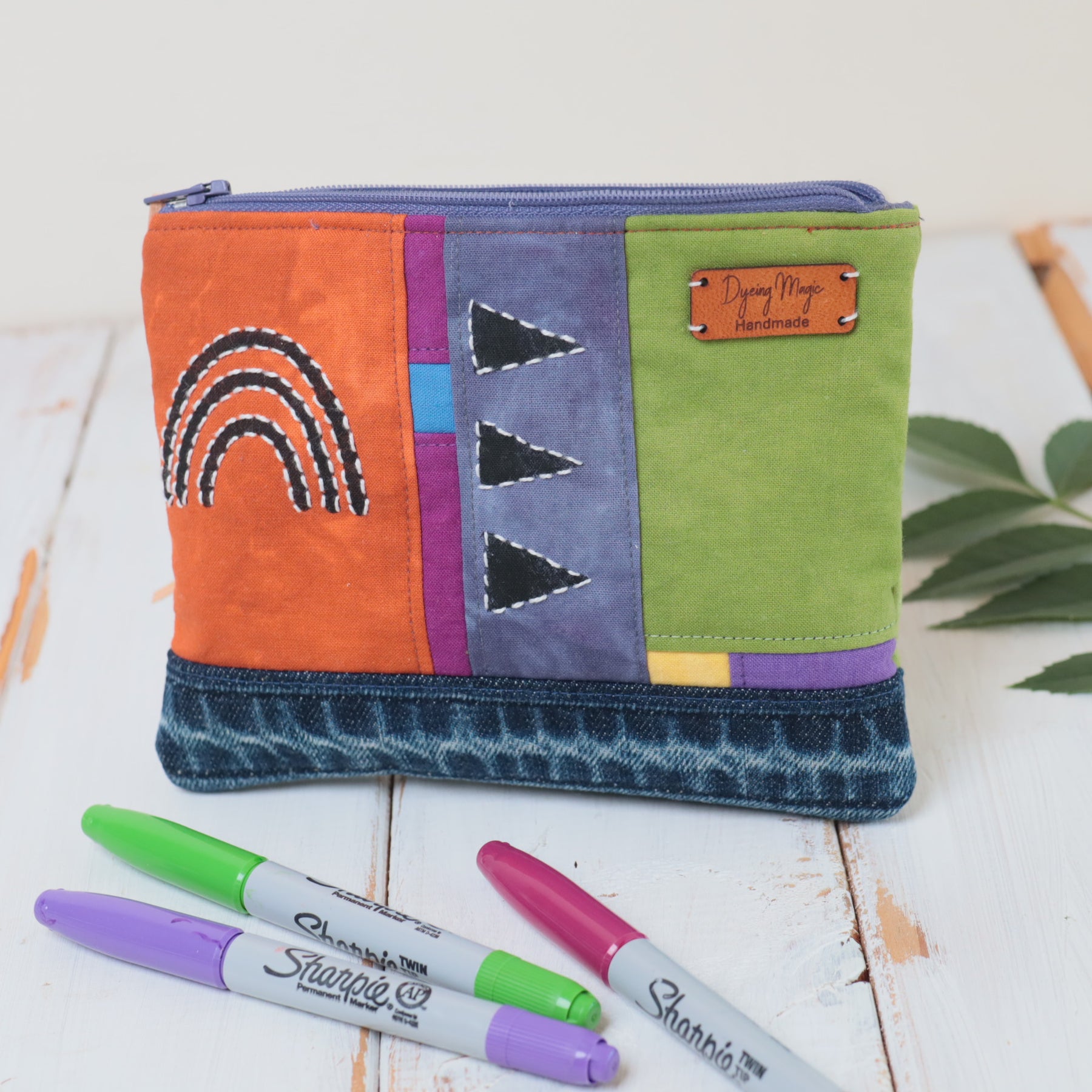 Hand Dyed Zipper Pouch, Makeup Bag, Sewing Pouch. Green and Ochre