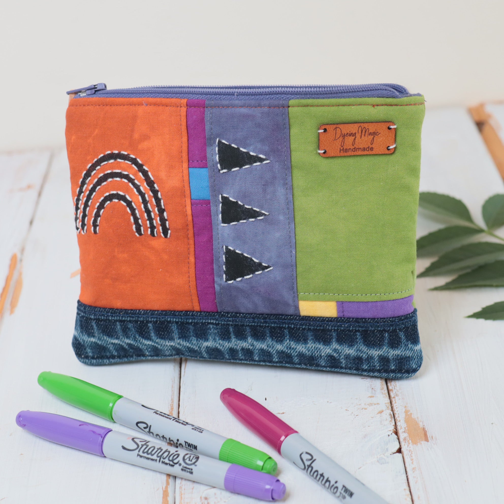 Hand Dyed Zipper Pouch, Makeup Bag, Sewing Pouch. Green and Ochre