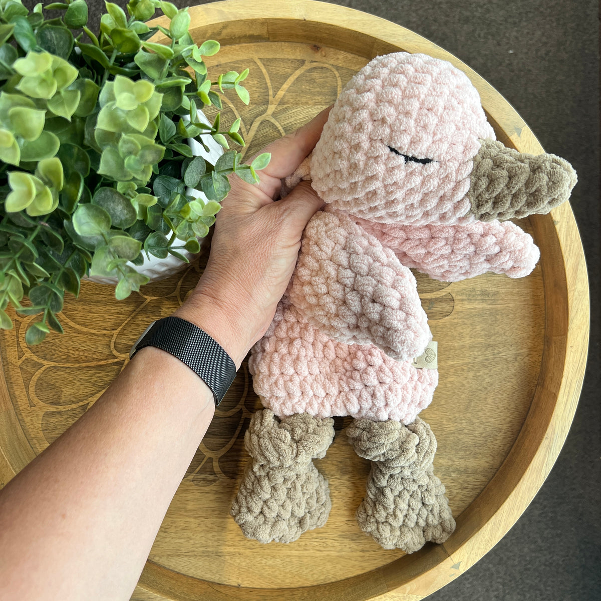 Handmade modern pink crochet goose lovey snuggler baby safe.