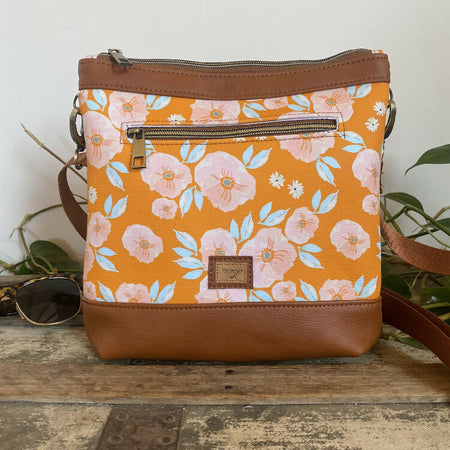 Mia Crossbody Bag - Pink Poppies on Orange/Tan Faux Leather