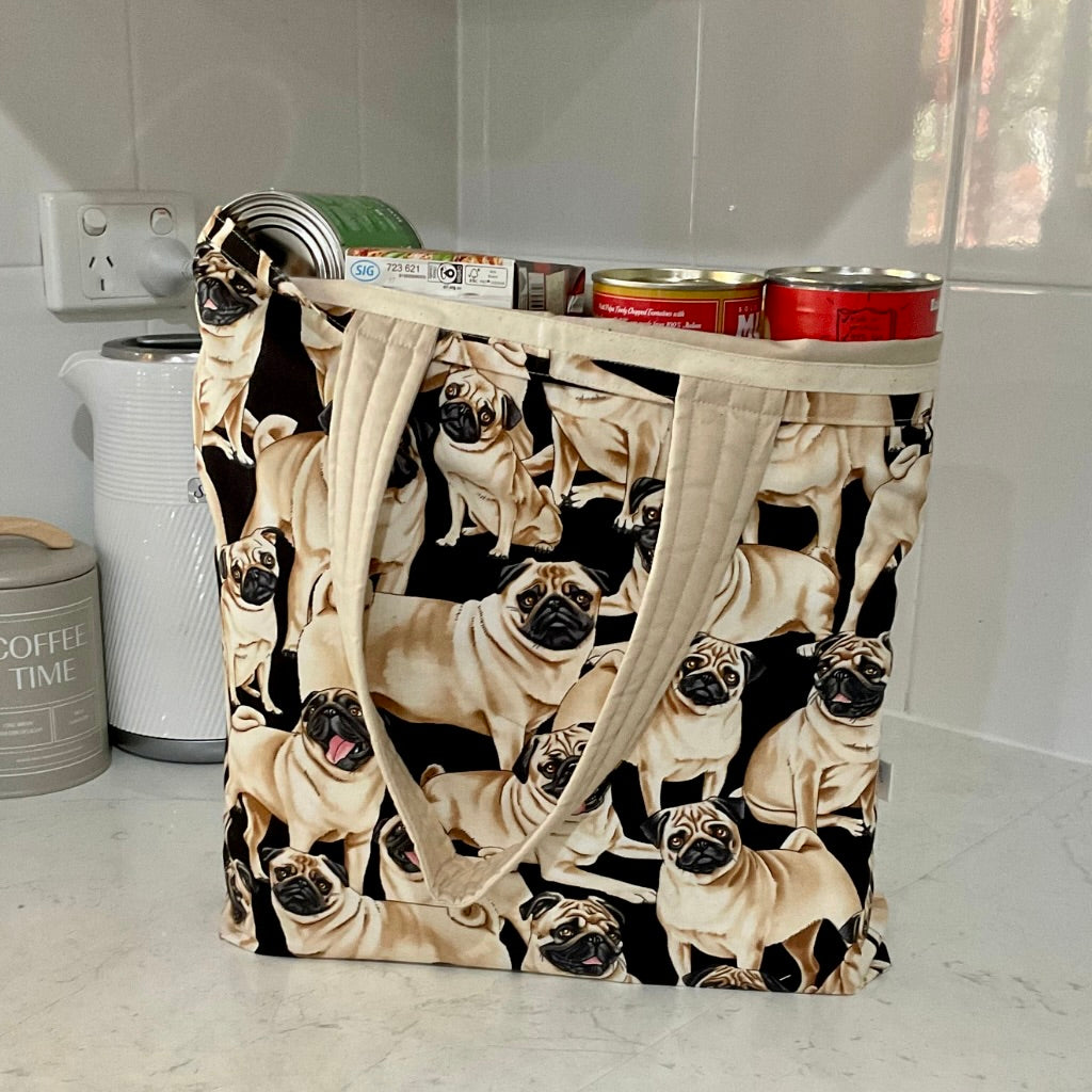 Grocery Tote ... Pug ... Lined with storage pouch