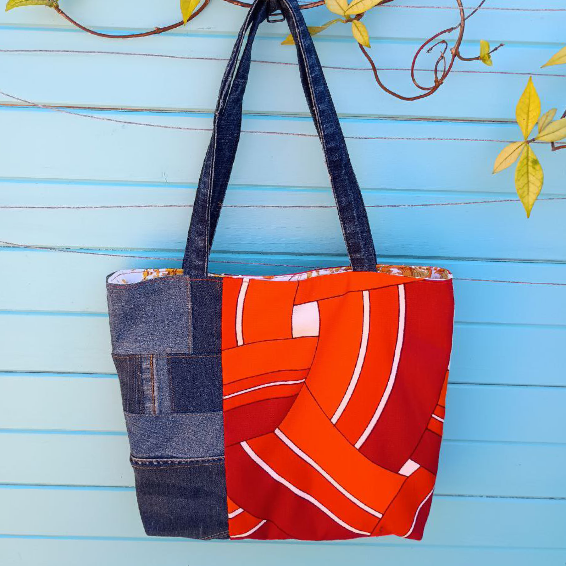 Radiant Rust Handmade Tote Bag Upcycled Vintage Fabrics & Denim