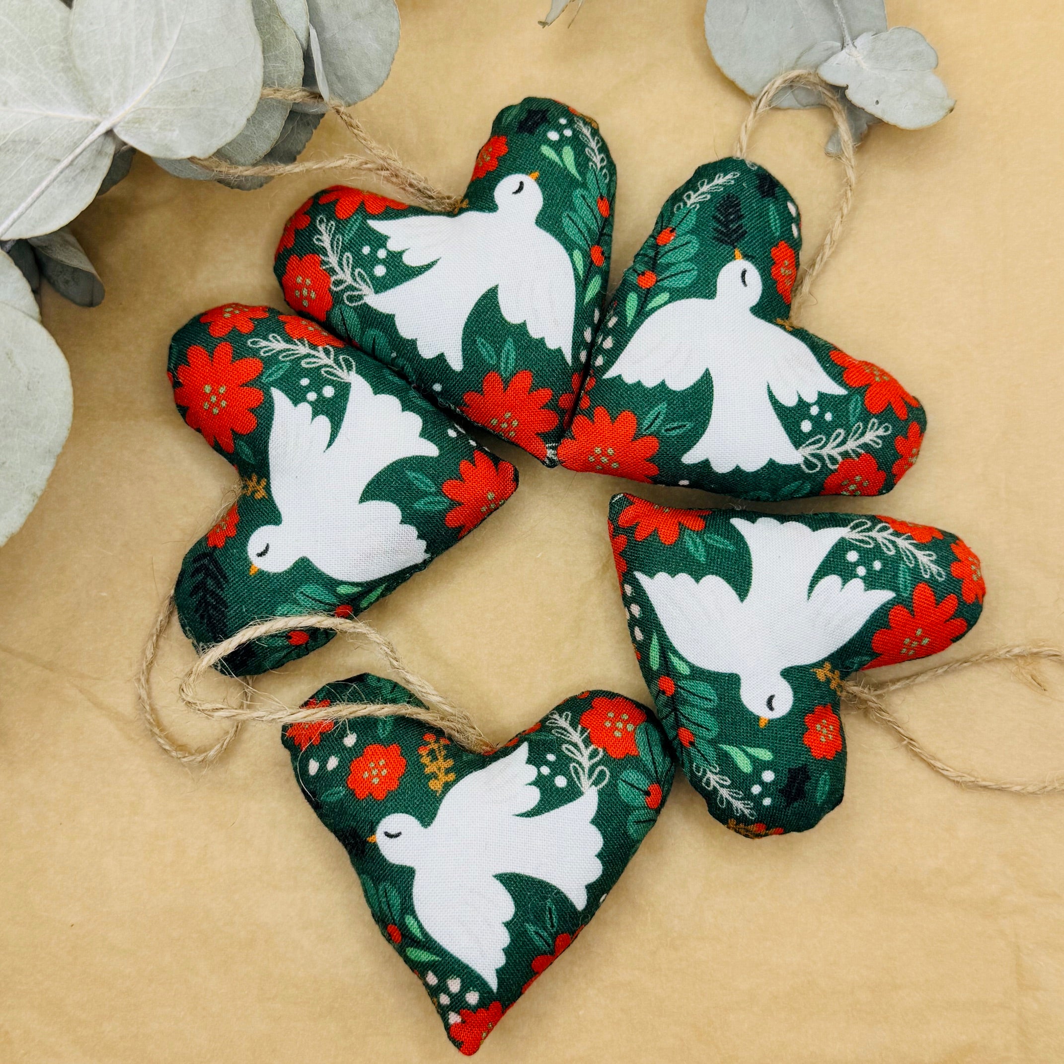 Handmade Red & Green Dove Christmas Hearts