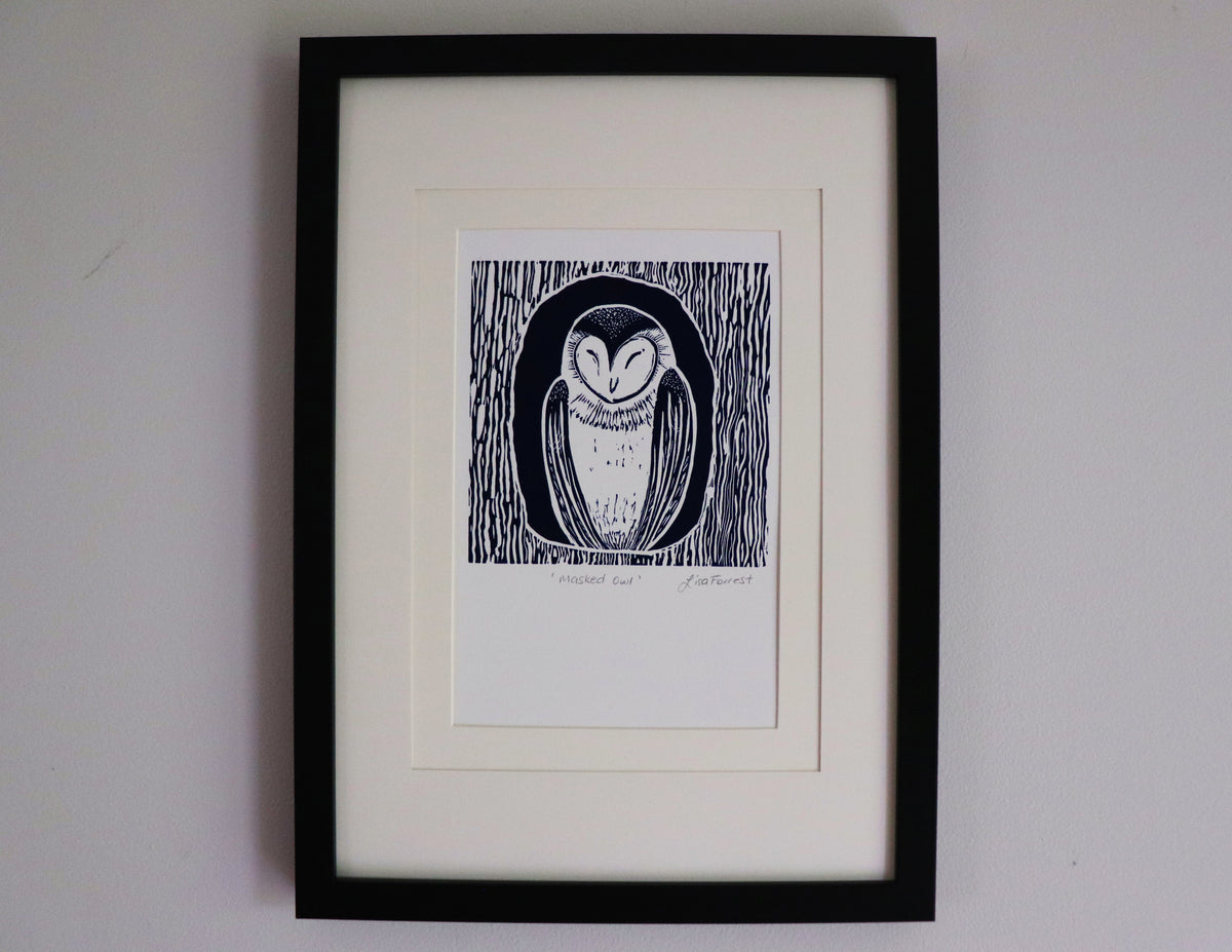 'Masked Owl' Original Linocut