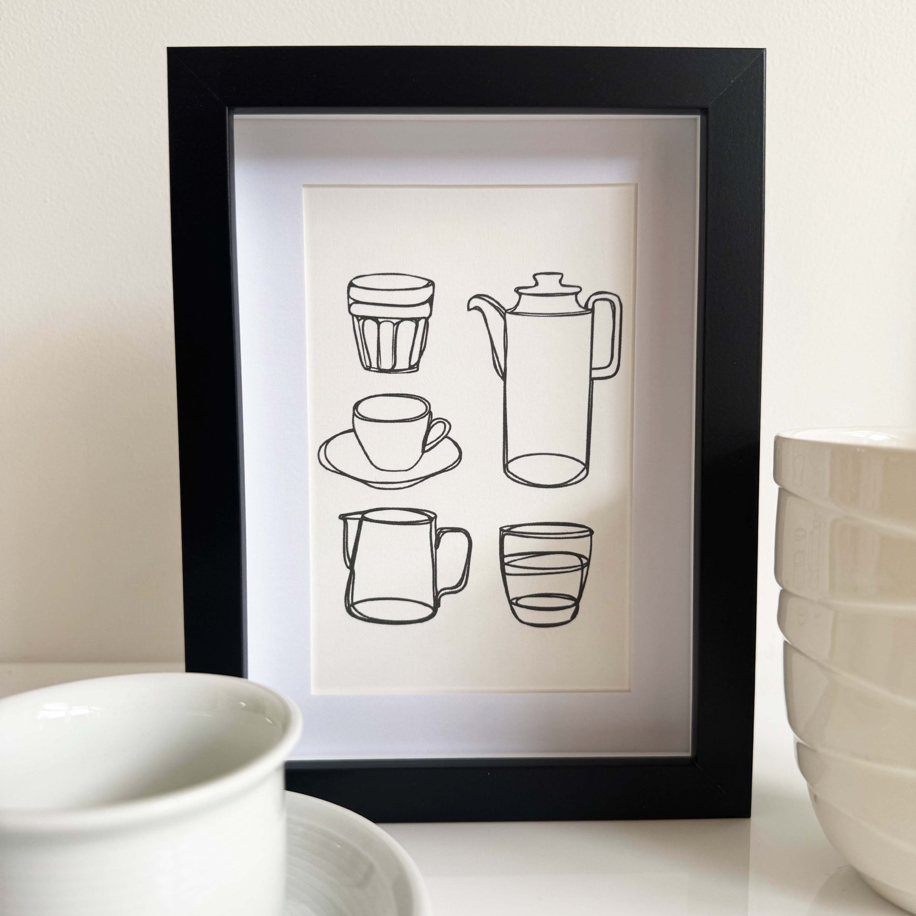 Modern Mini Print: Coffee Corner Line Drawing, black frame with inset included (13 x 18cm)