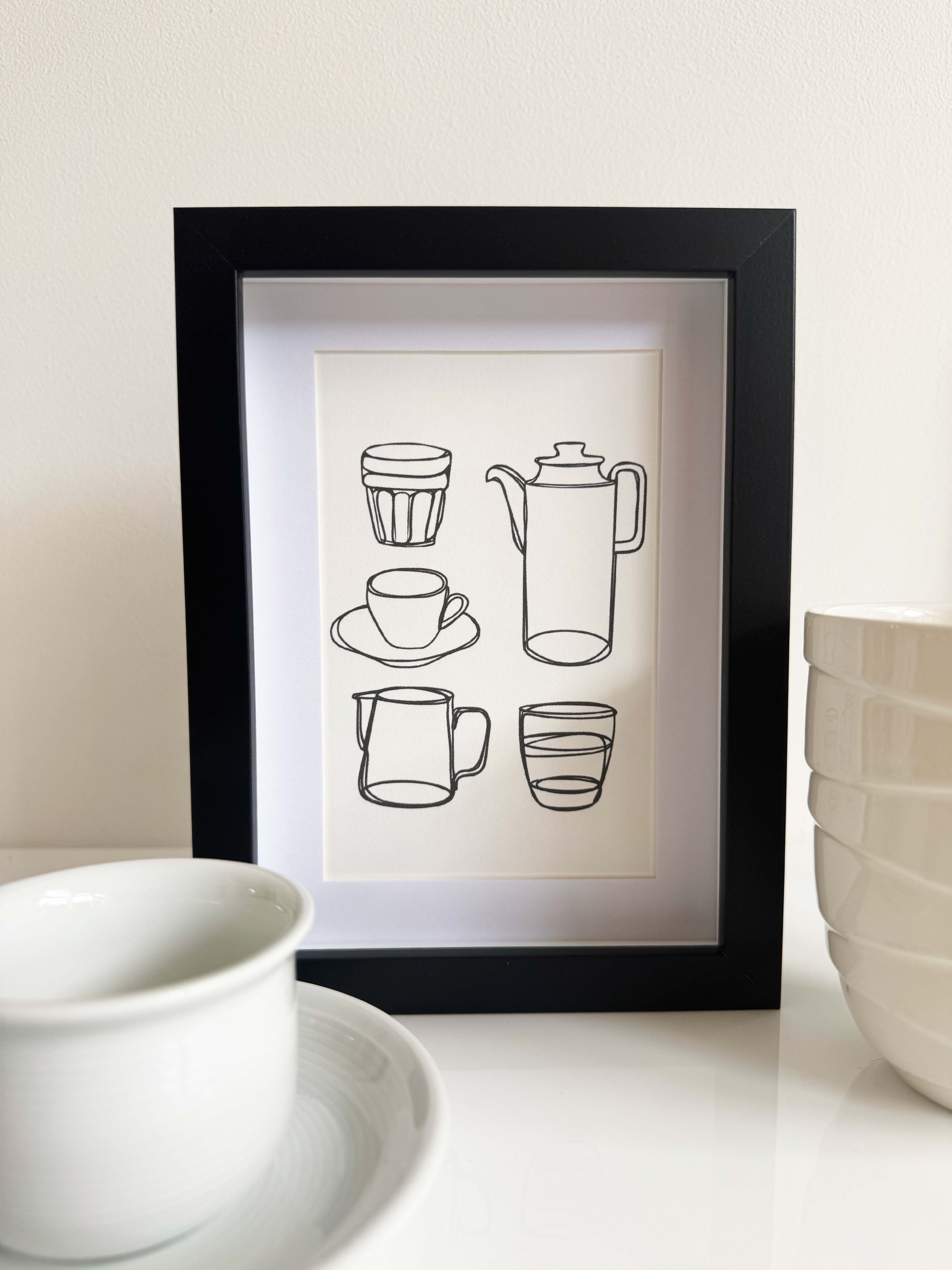 Modern Mini Print: Coffee Corner Line Drawing, black frame with inset included (13 x 18cm)