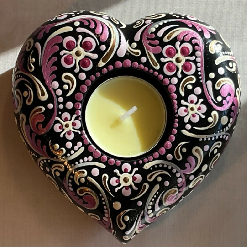Unique Hand-painted Heart Tea-light Candle Holder Gift Boxed, Pastel Pinks, Pearl White, Gold & Black