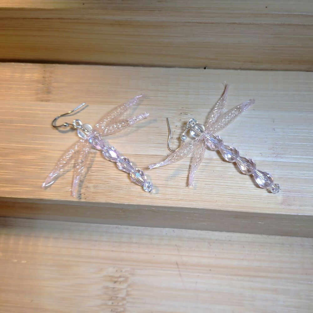 Dangle earrings. Pink Dragonfly nylon mesh and crystals.