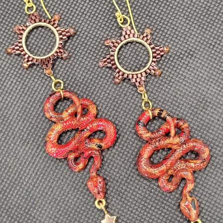 Red and Gold Snake Earrings with Beaded Sun and Star