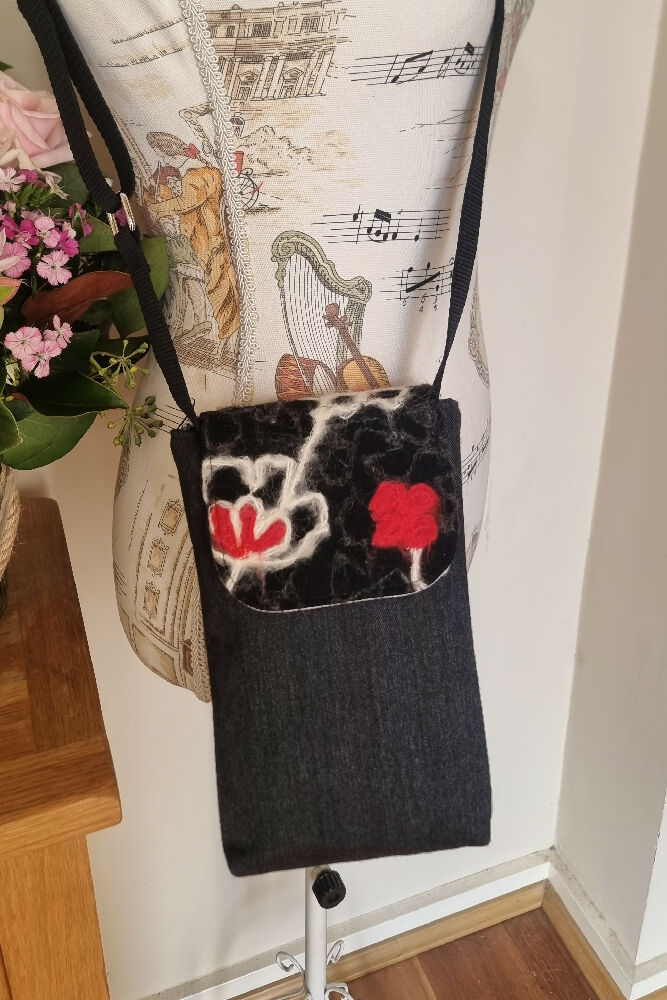 Upcycled mobile phone crossbody - felted black, red & white