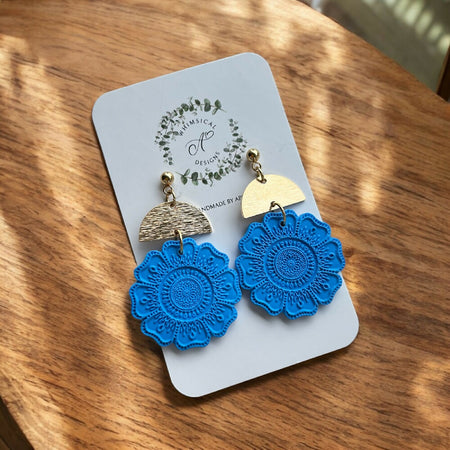 Blue Mandala print flower shaped earrings